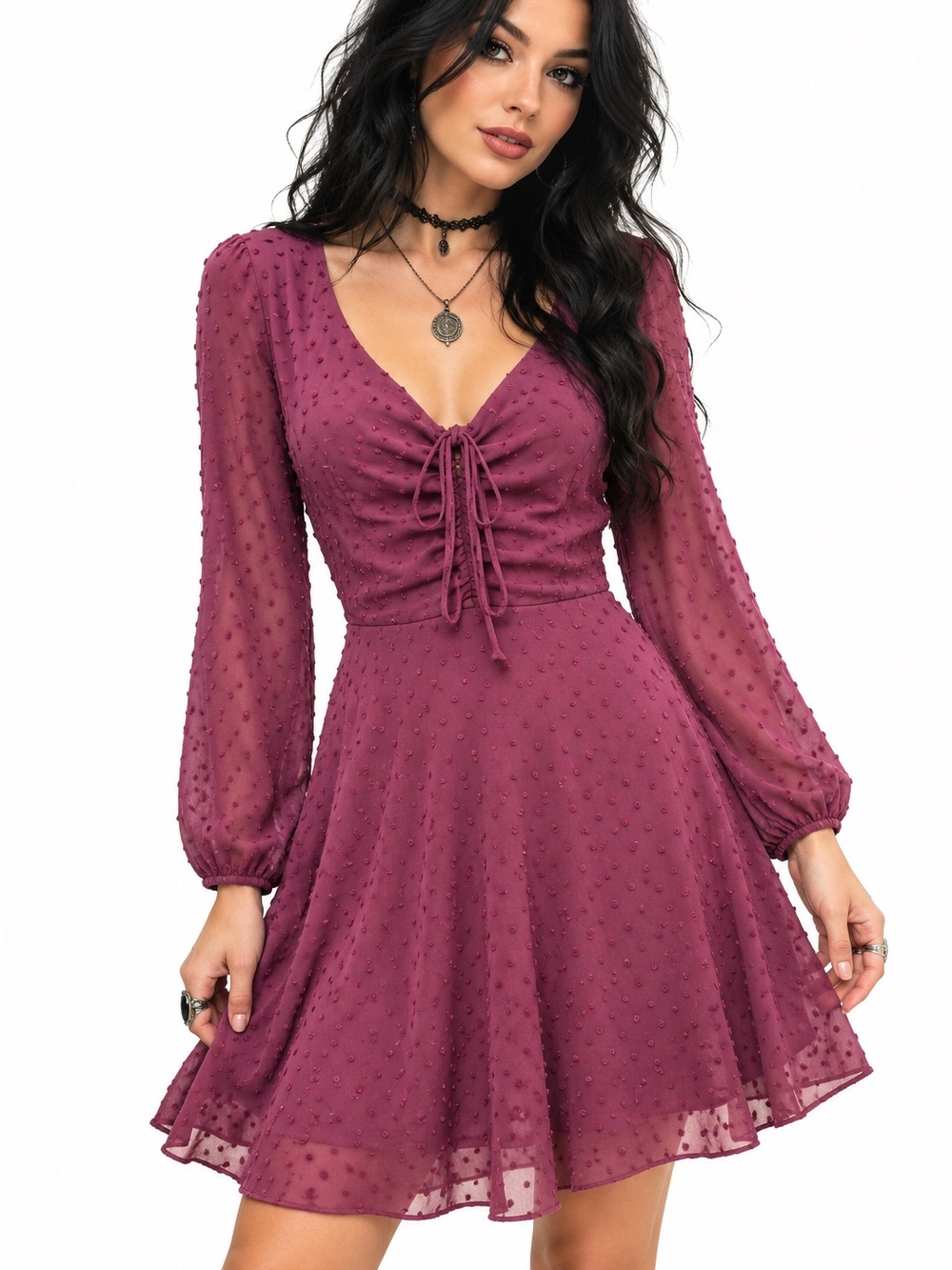Lulu's Mauve Long-Sleeve Tie-Front Textured Whimsigoth Boho Dress